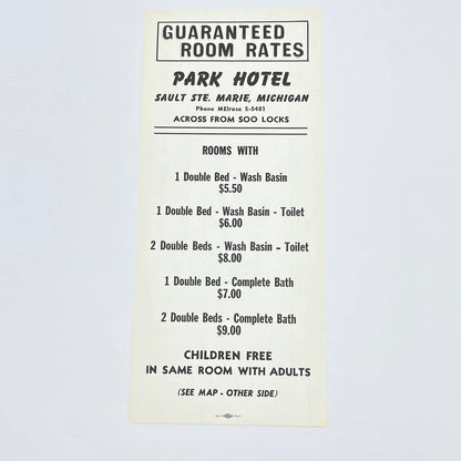 1960s Sault Ste Marie Michigan MI Park Hotel Ad Leaflet AC1