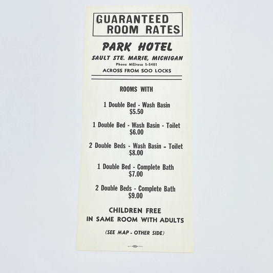 1960s Sault Ste Marie Michigan MI Park Hotel Ad Leaflet AC1