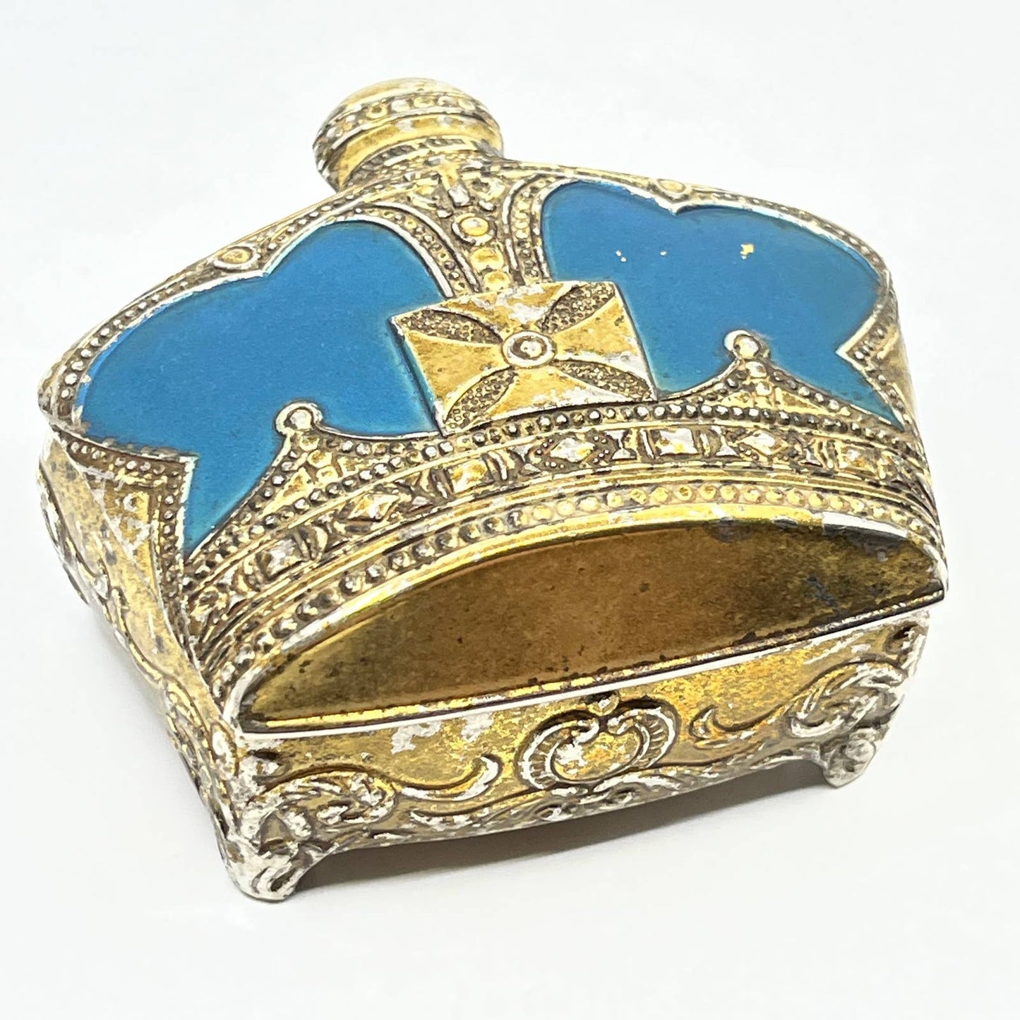 Vintage Ornate Victorian Gold Tone Blue Enamel Trinket Box Crown Shaped 2” TF5