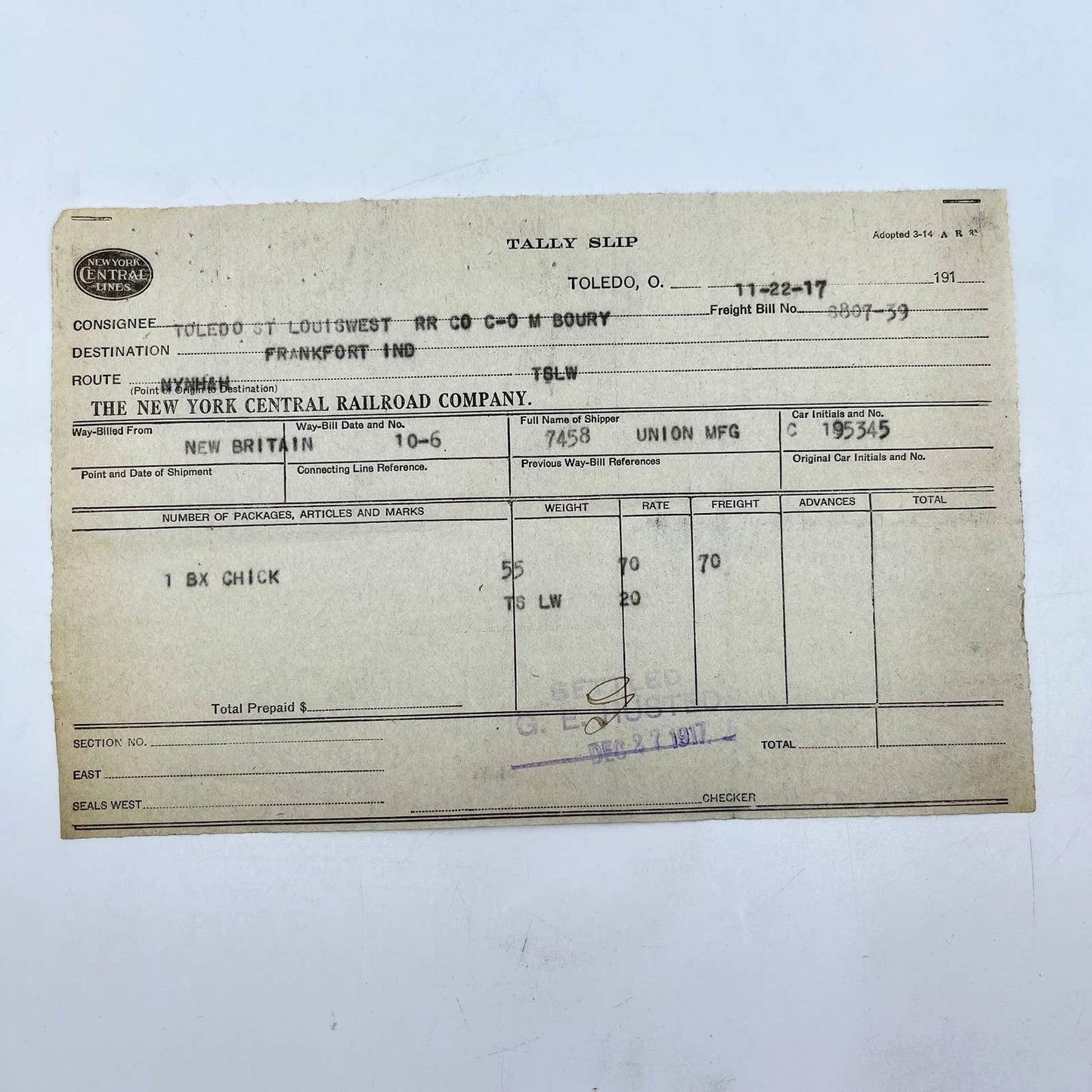 1917 Toledo, St. Louis & Western Railroad RR Tally Slip NY Central Lines AA9
