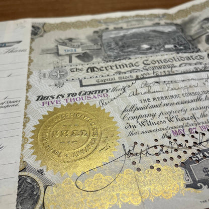 Antique 1901 Stock Certificate Merrimack Consolidated Mines Company Colorado B5
