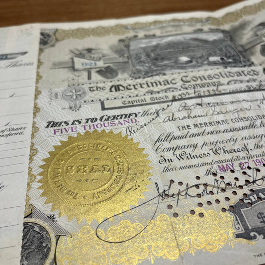 Antique 1901 Stock Certificate Merrimack Consolidated Mines Company Colorado B5