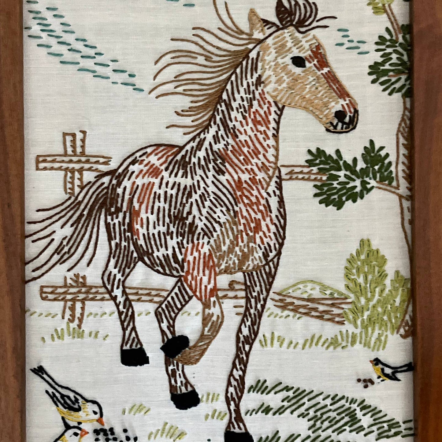 1980s Original Art Horses Embroidery Crewel Set of 2 Walnut Frame 11x17"