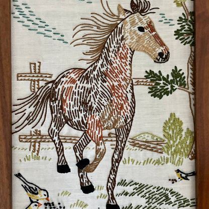 1980s Original Art Horses Embroidery Crewel Set of 2 Walnut Frame 11x17"