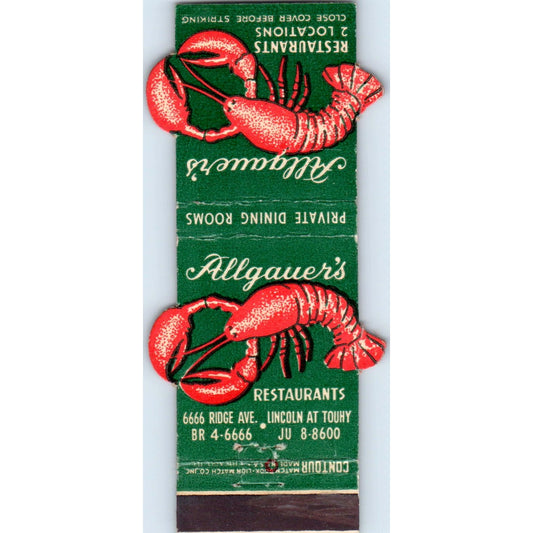 Allgauer's Restaurant Lobster Chicago Die Cut Advertising Matchbook Cover SA6-M4