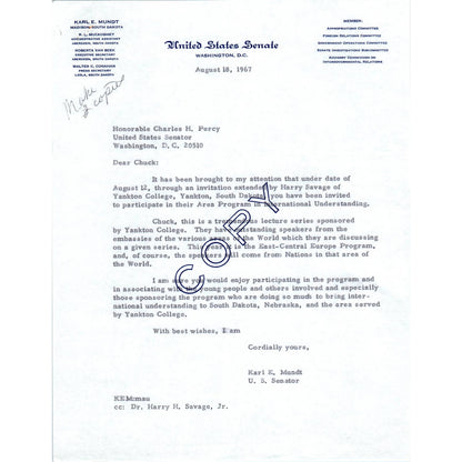 South Dakota Senator Karl Mundt Official Letterhead Memo Copy 1967 TK1-P6