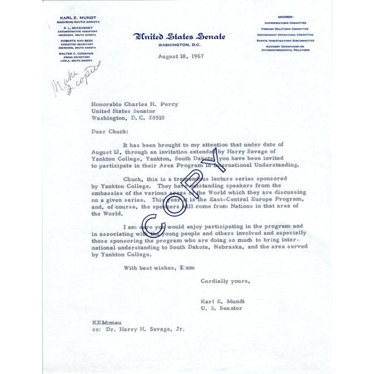 South Dakota Senator Karl Mundt Official Letterhead Memo Copy 1967 TK1-P6