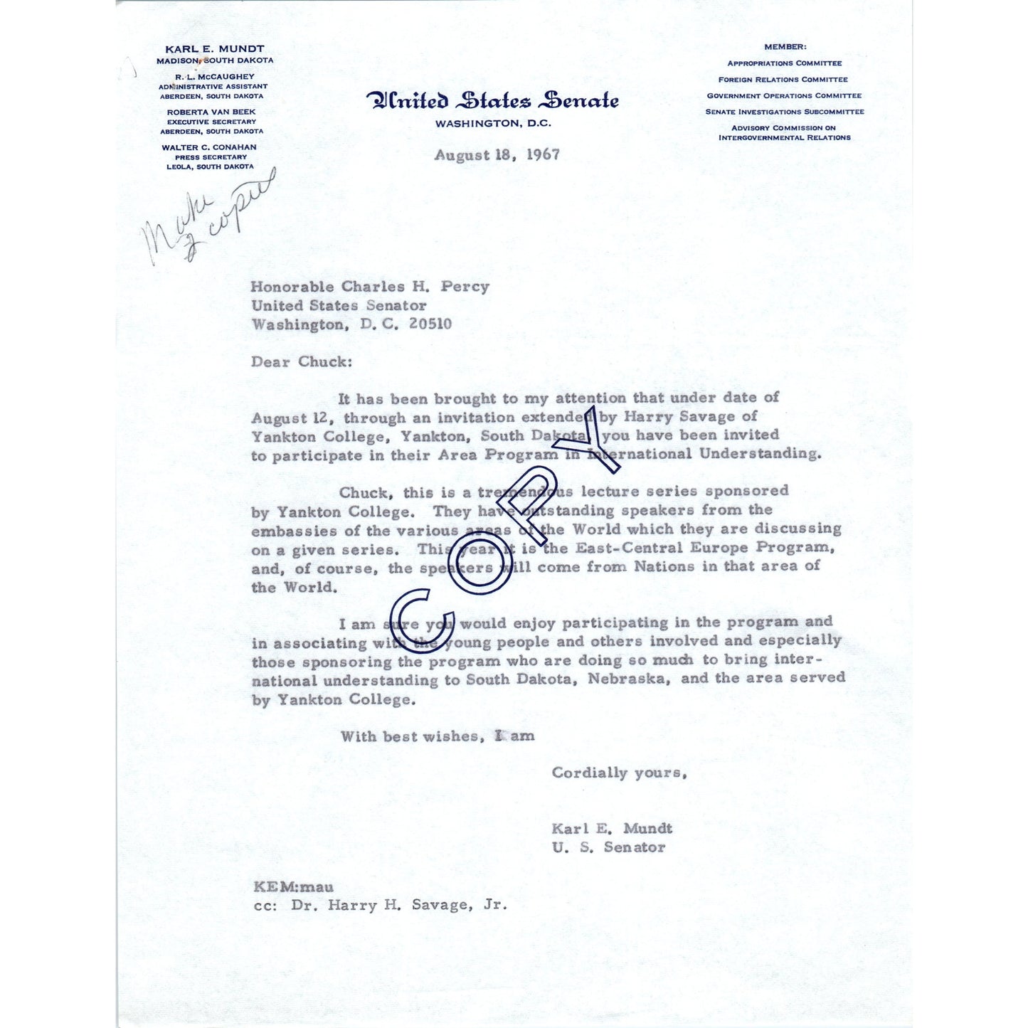 South Dakota Senator Karl Mundt Official Letterhead Memo Copy 1967 B11