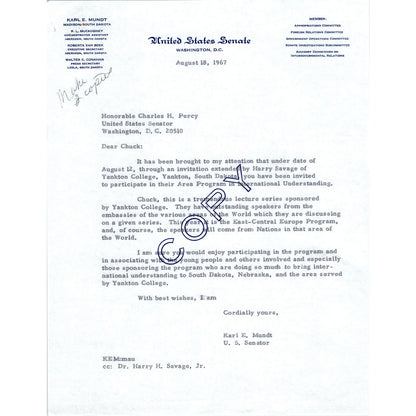 South Dakota Senator Karl Mundt Official Letterhead Memo Copy 1967 B11
