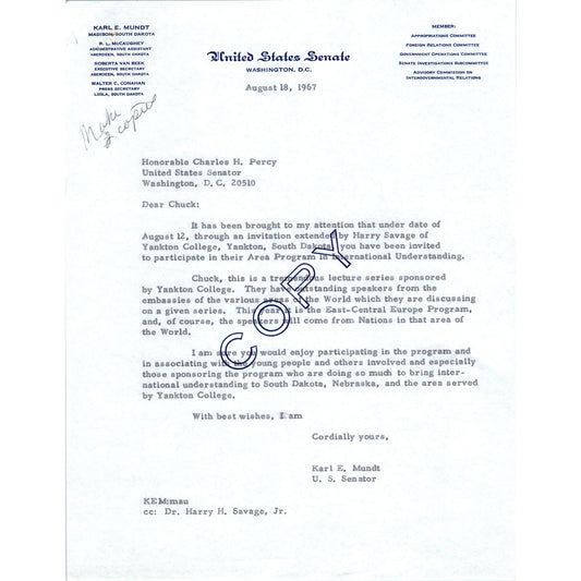 South Dakota Senator Karl Mundt Official Letterhead Memo Copy 1967 B11