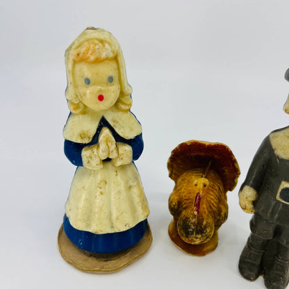 1960s GURLEY Thanksgiving Candle Set Pilgrims and Turkey TD9