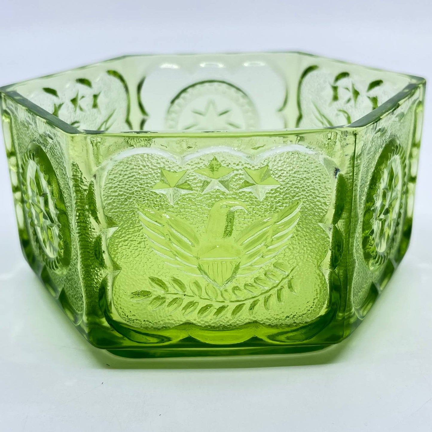 Vintage Green Hexagon Colony Indiana Glass Candy Dish With Eagles & Stars 5” TF5