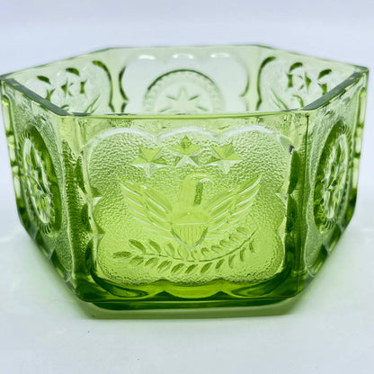 Vintage Green Hexagon Colony Indiana Glass Candy Dish With Eagles & Stars 5” TF5