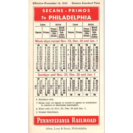 1950 Pennsylvania Railroad Secane-Primos Philadelphia Timetable SE8