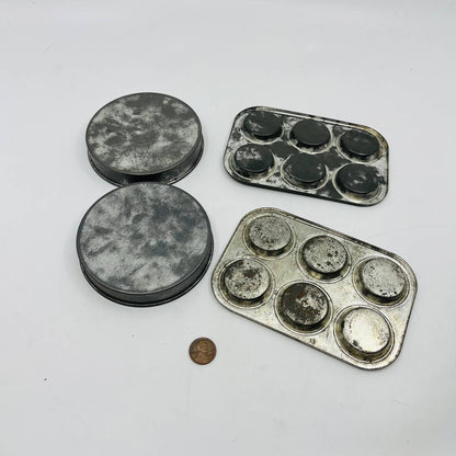 Vintage Toy Kitchen Metal 4 Piece Baking Set Muffin Tin Pie Pan TB6
