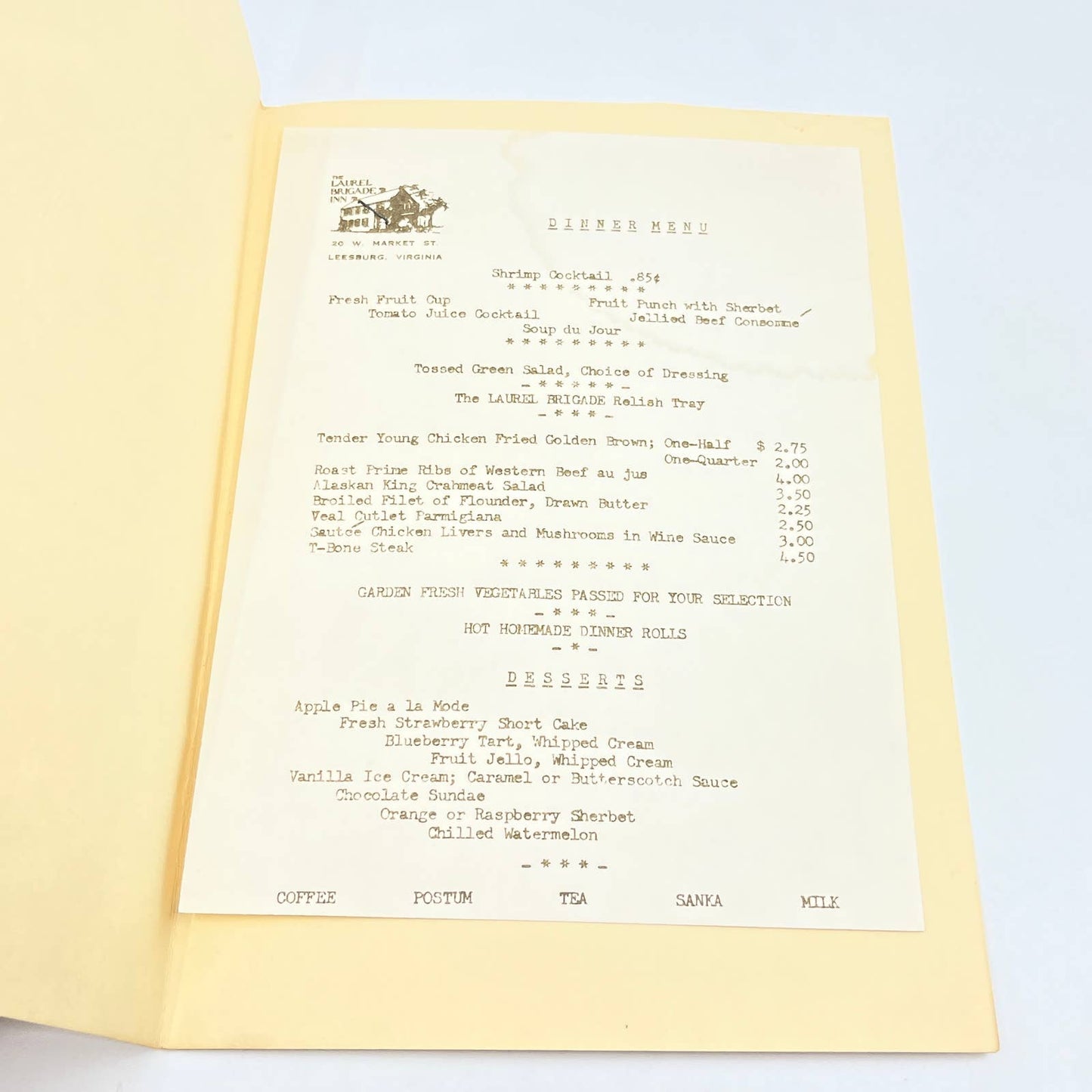 1967 The Laurel Brigade Inn Restaurant Menu Leesburg VA FL3