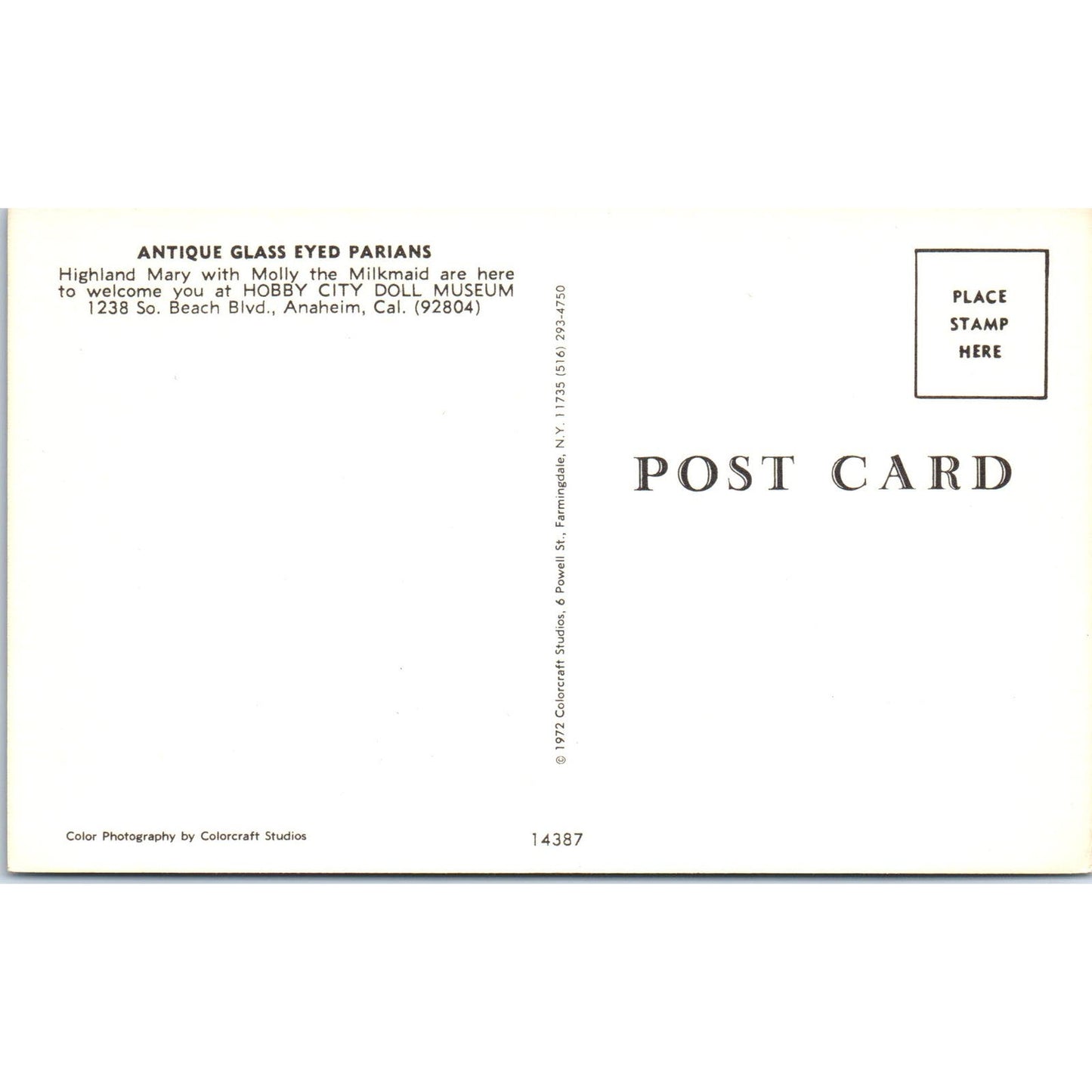 Glass Eyed Parians Dolls Hobby City Doll Museum Anaheim Original Postcard PB6