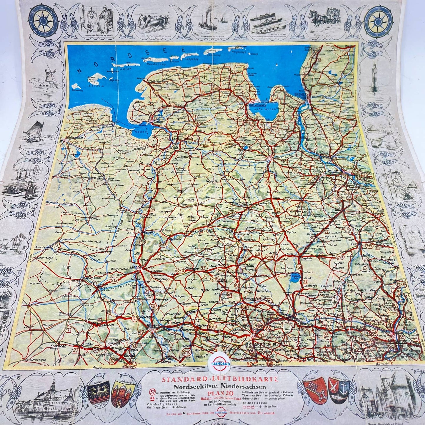 1930s Standard Esso Luftbildkarte Map for Drivers Plan 20 Bremen Onsabrück SC5