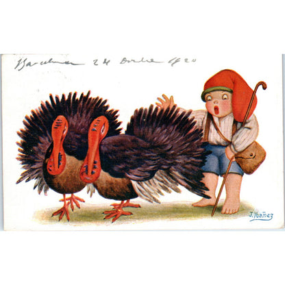 Thanksgiving Little Boy w/ Turkeys J. Ibañez c1910 Original Postcard TK1-22