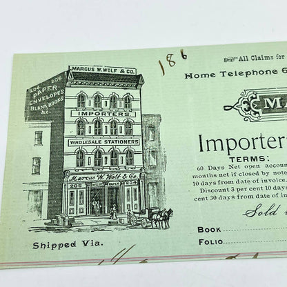 1900 Marcus W. Wolf & Co Importers Billhead West German St. Baltimore MD AA7