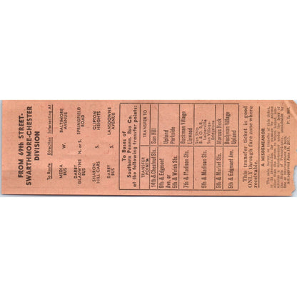 VTG Philadelphia Suburban Transport Streetcar Transfer Ticket Swarthmore AK3-6
