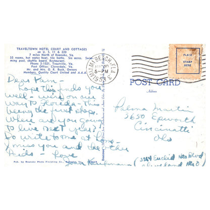 Vintage Postcard - Traveltown Hotel Court and Cottages Roanoke VA AD9