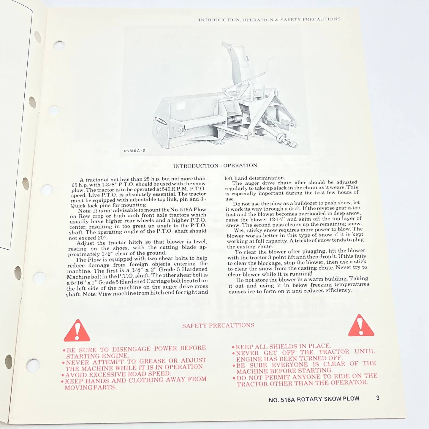 Original 1978 New Idea No. 516A Three Point Hitch 7" Rotary Snow Plow Manual TB9