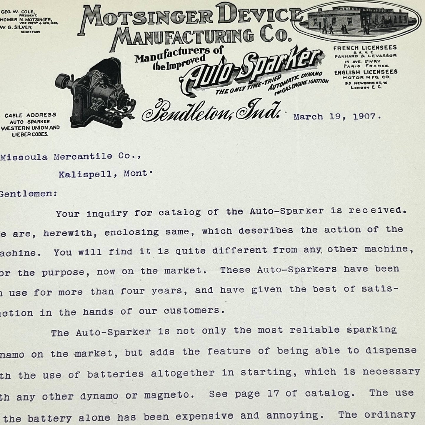 1907 Motsinger Device Manufacturing Co Letterhead Pendleton IN Geo W Cole AB5