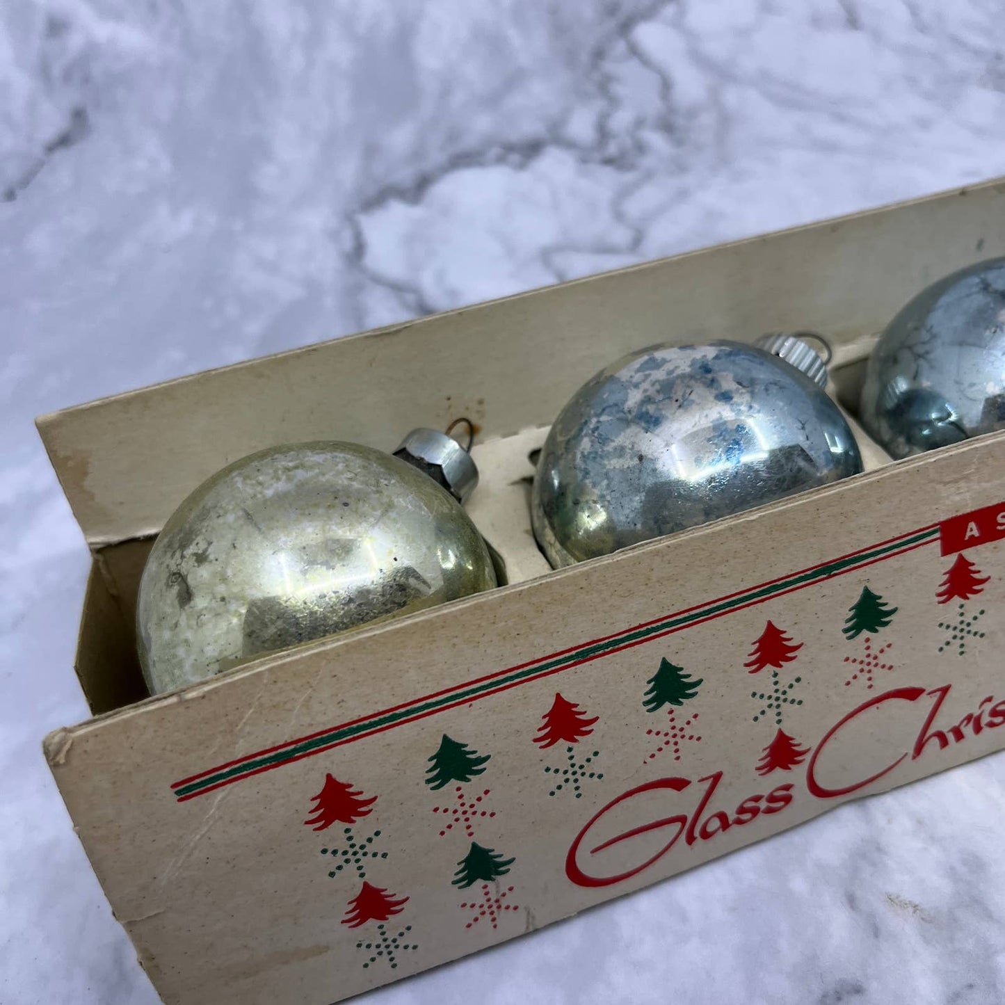 Shiny Brite Vintage Mercury Glass Ornaments Set of 5 in Box Pale Blue Silver 2"
