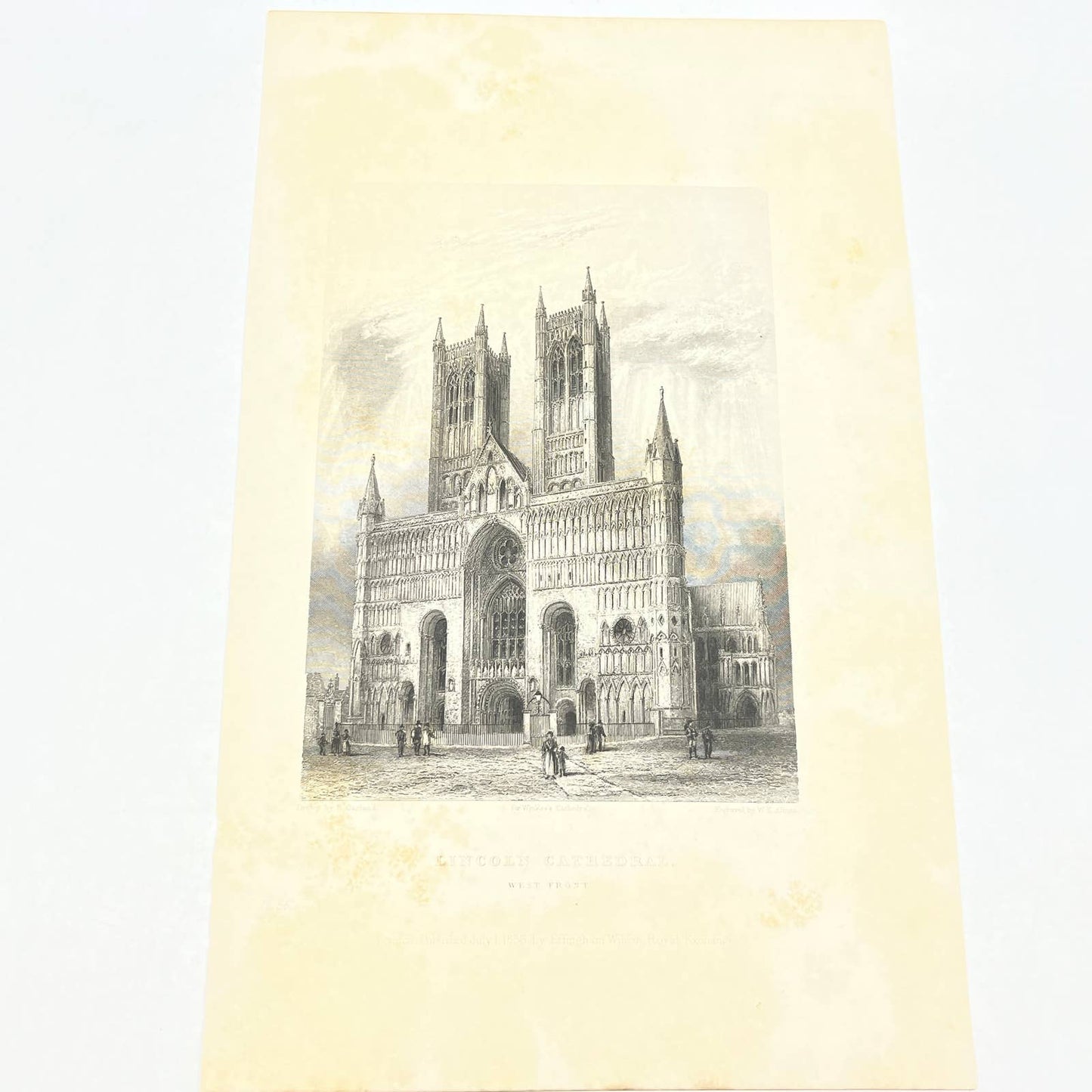 1836 Original Art Engraving Lincoln Cathedral West Front Floor Plan and Bio TG6-