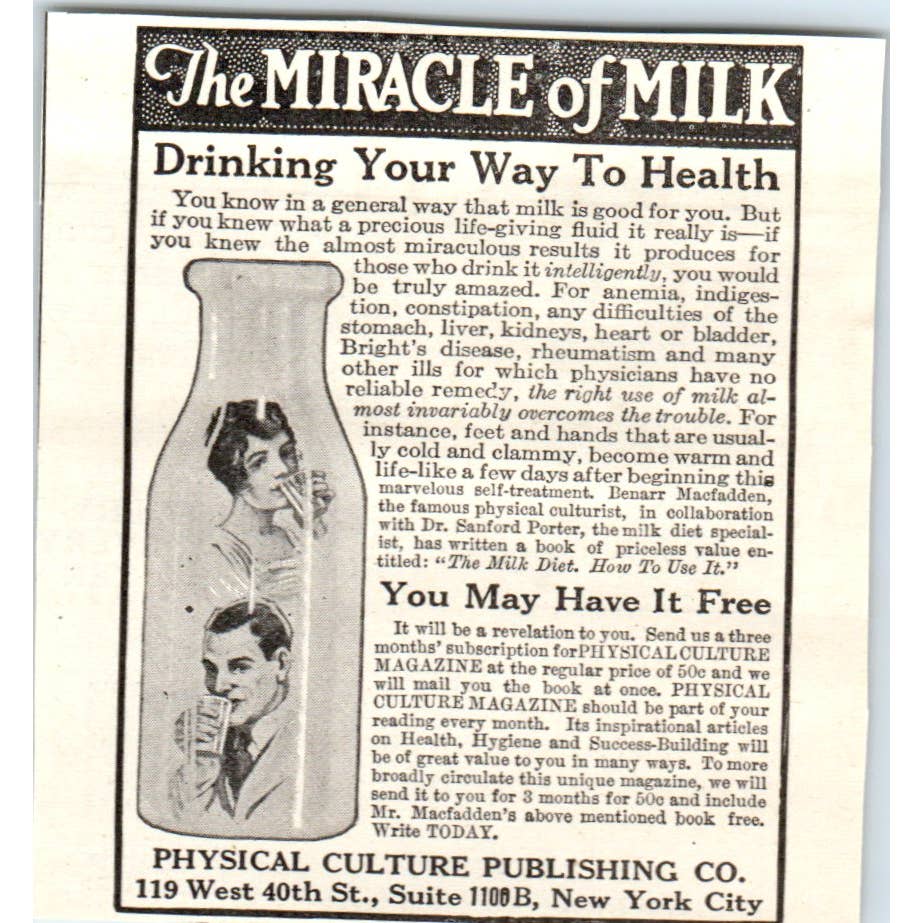 c1920 Harper's Ad - The Miracle of Milk Physical Culture Publishing NY EA3