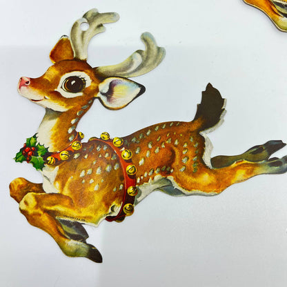 1950s Christmas Dennison Die Cut - Leaping Reindeer - 7" Lot of 8 FL3