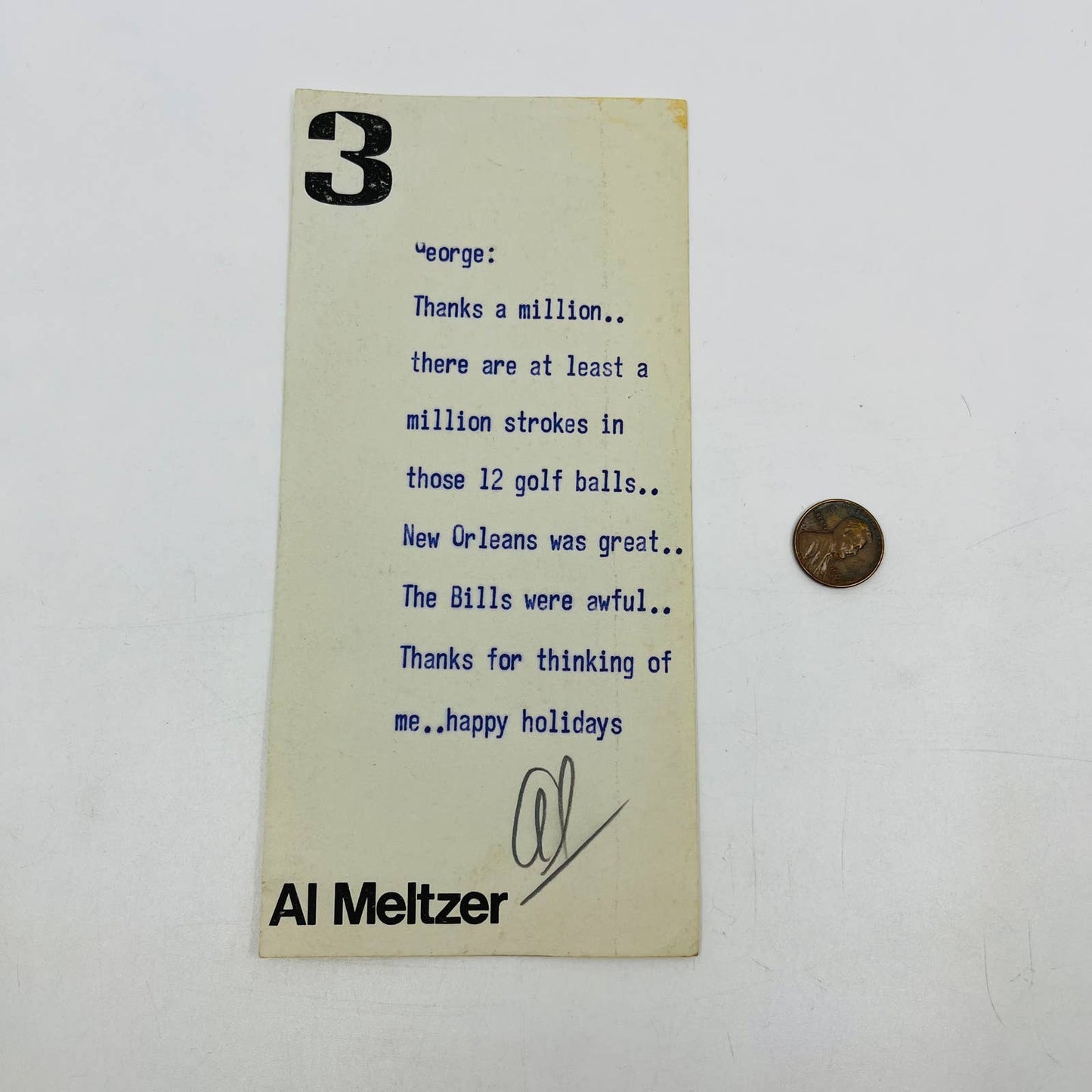 Signed Note from Al Meltzer “Big Al” Philadelphia and NY Sportscaster Legend D3