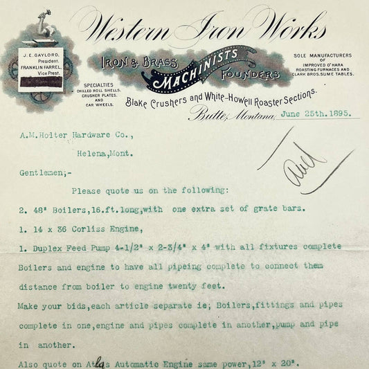 1895 Western Iron Works Letterhead Butte MT J.E. Gaylord Franklin Farrel AB5