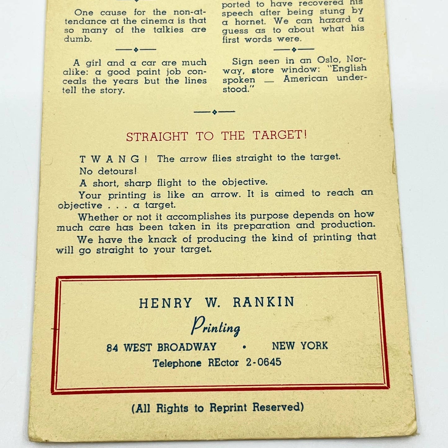 1941 Blotter Card Henry W. Rankin Printing 84 West Broadway New York City SC8