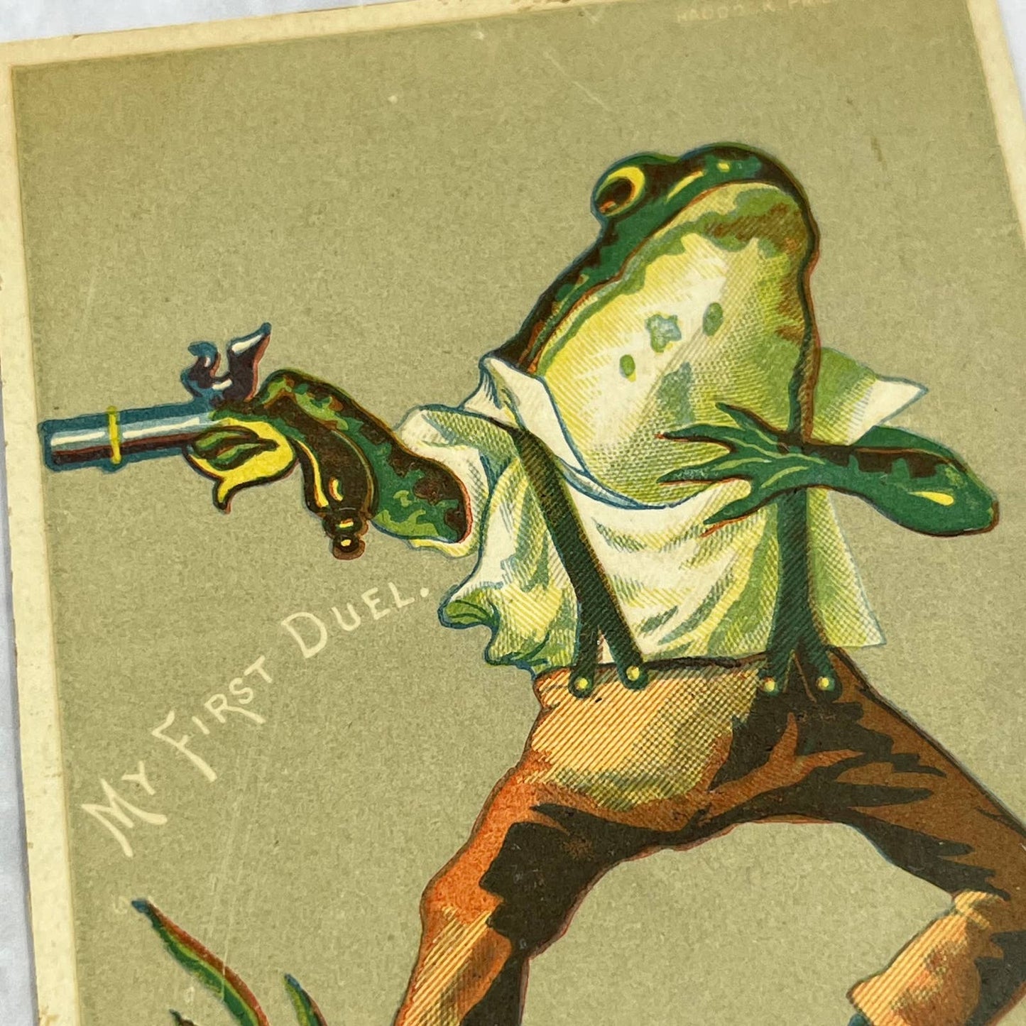 1880s Victorian Trade Card Anthropomorphic Frog's First Duel EA4