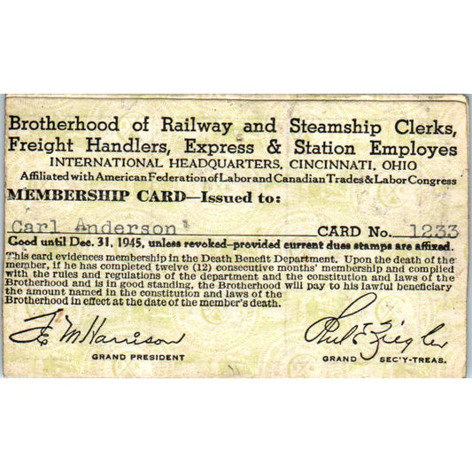 1945 Brotherhood of Railway, Airline and Steamship Clerks Membership Card SE5