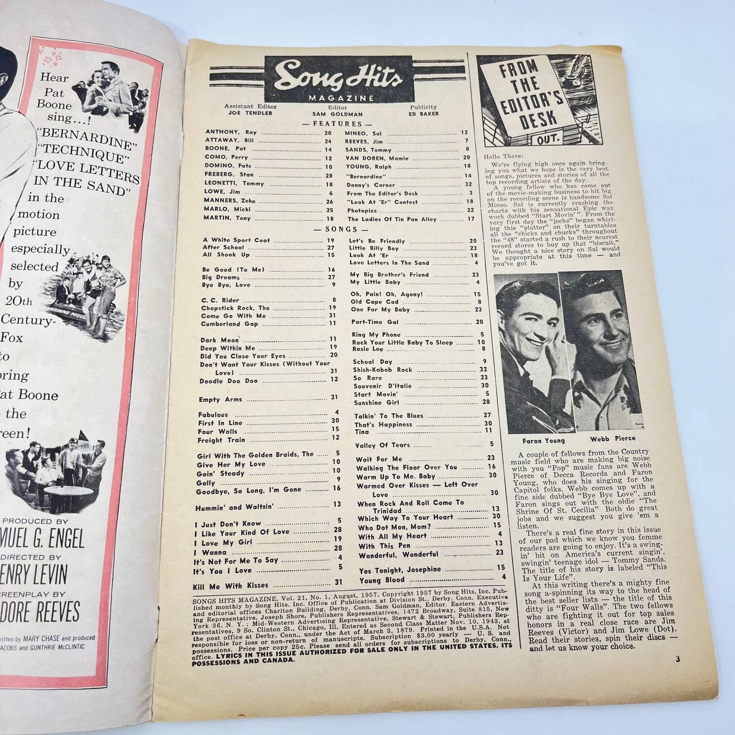 Song Hits Magazine Vol 21 No 1 August 1957 Tommy Sands Fats Domino Sal Mineo TC6