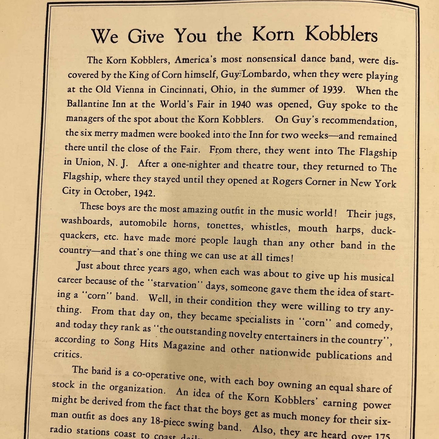 1943 Korn Kobblers Comedy Band Sheet Music Floating Kidney Popcorn Polka TC1