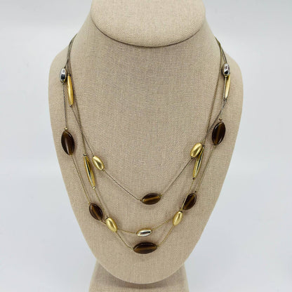 Vintage Mod Layered Necklace Gold Tone Brown Tiger Eye Beads SB2
