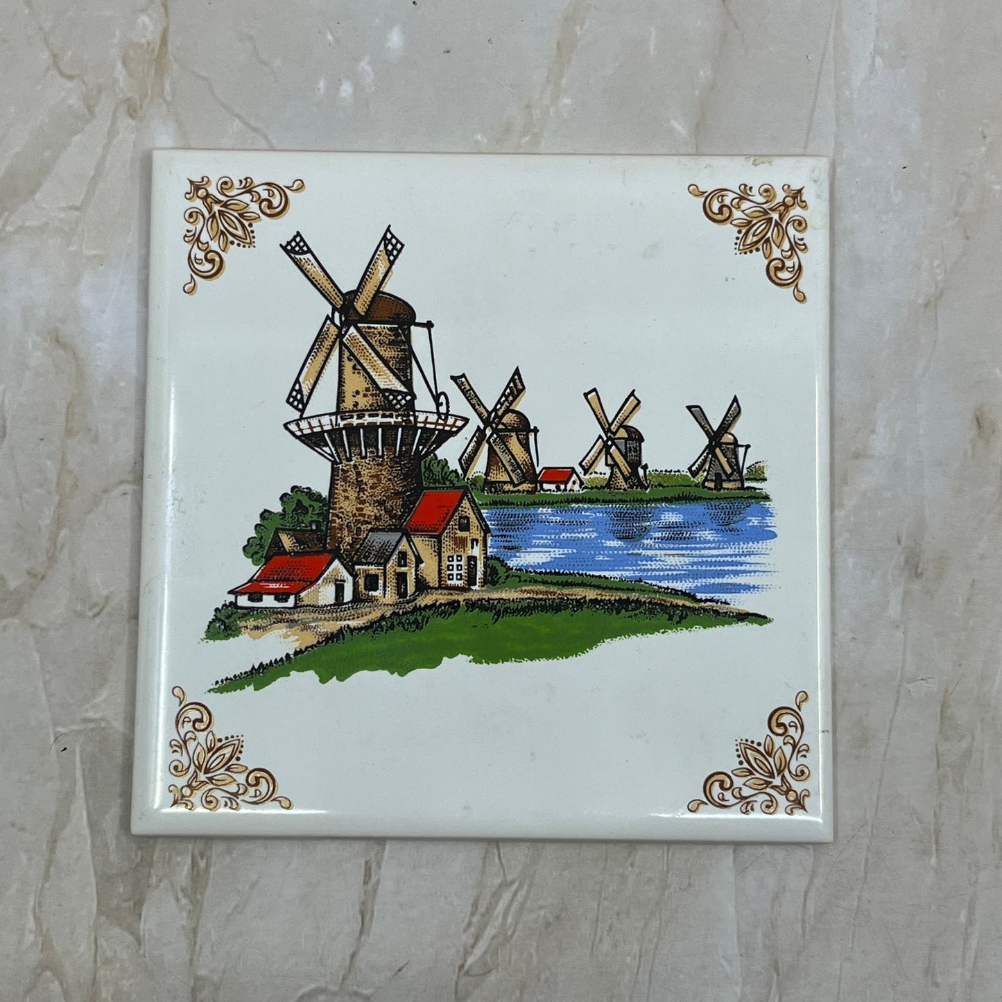 Villeroy And Boch 4" Tile Trivet Dutch Scene Windmills Made in France TE5-1