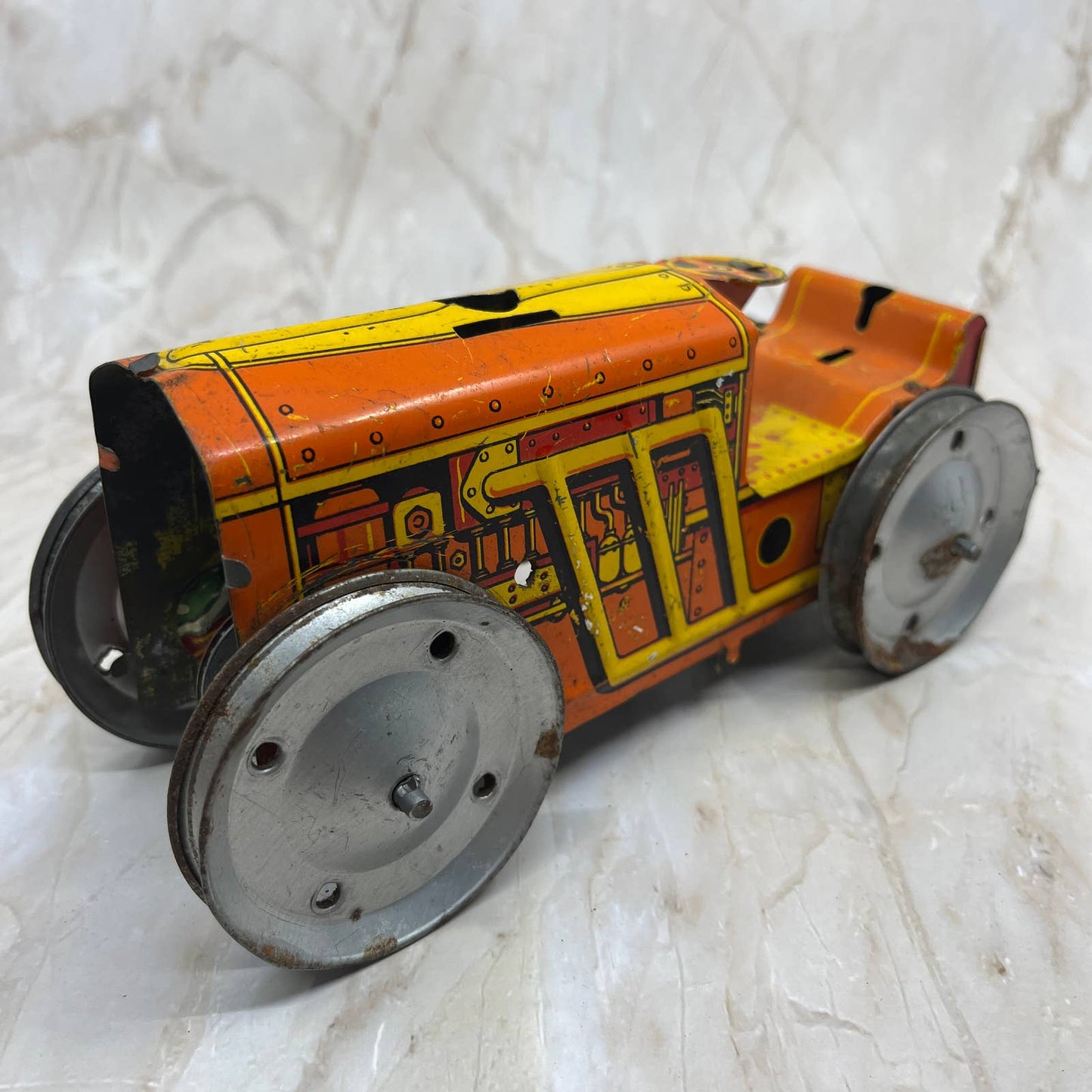 Marx Toy Wind Up Tin Litho Bulldozer/Tractor Yellow & Orange 8x3.5” TK2