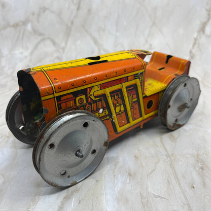 Marx Toy Wind Up Tin Litho Bulldozer/Tractor Yellow & Orange 8x3.5” TK2