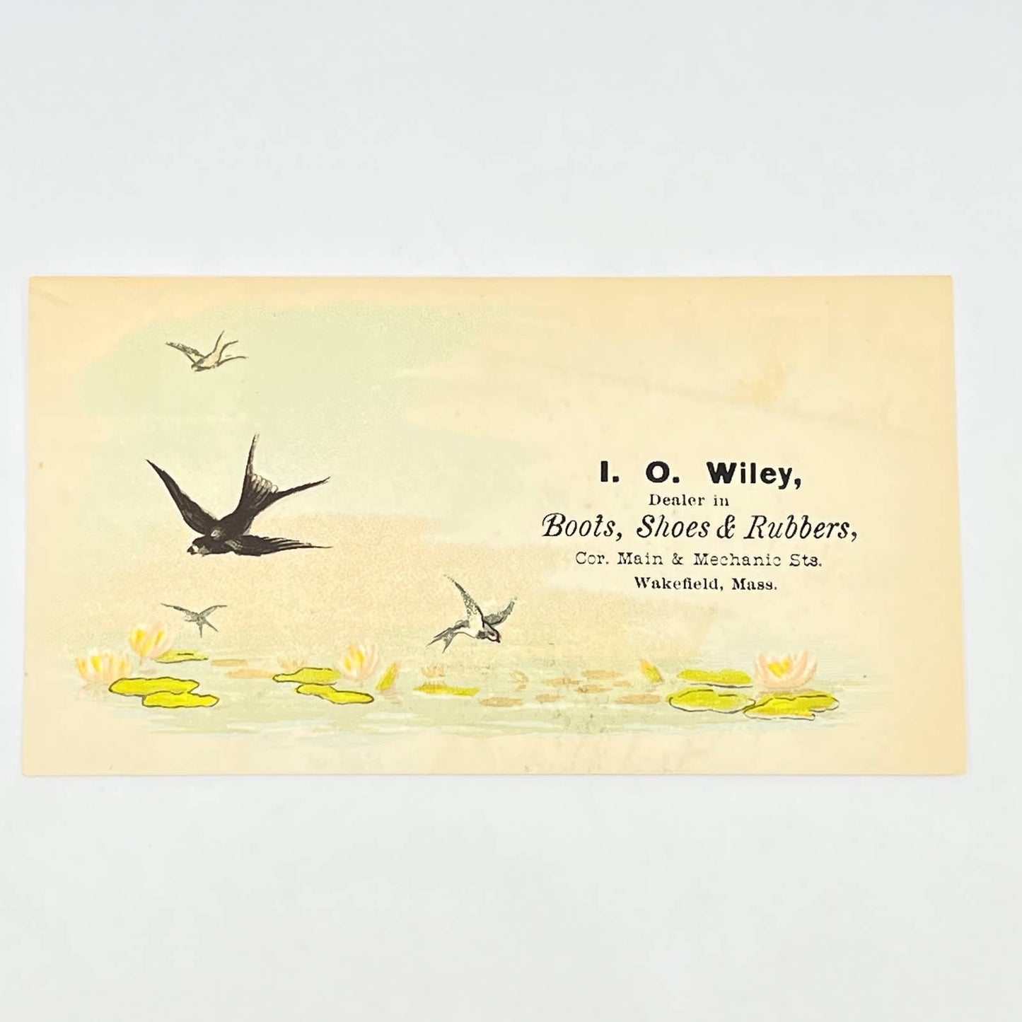 1880s Victorian Trade Card I.O. Wiley Boots Shoes & Rubbers Wakefield MA AB6