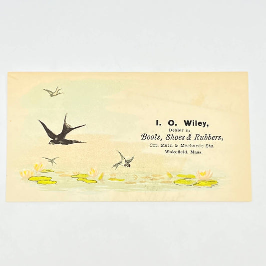 1880s Victorian Trade Card I.O. Wiley Boots Shoes & Rubbers Wakefield MA AB6