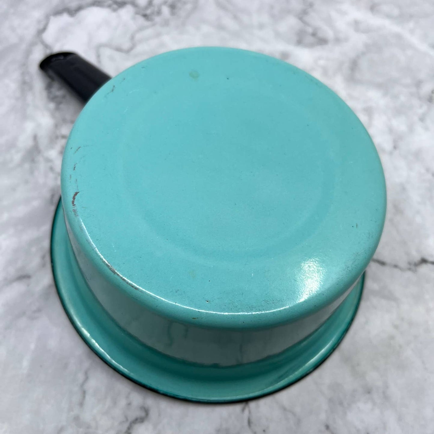 Vintage Enamelware Sauce Pan Turquoise w/ Black Trim 6" TJ1
