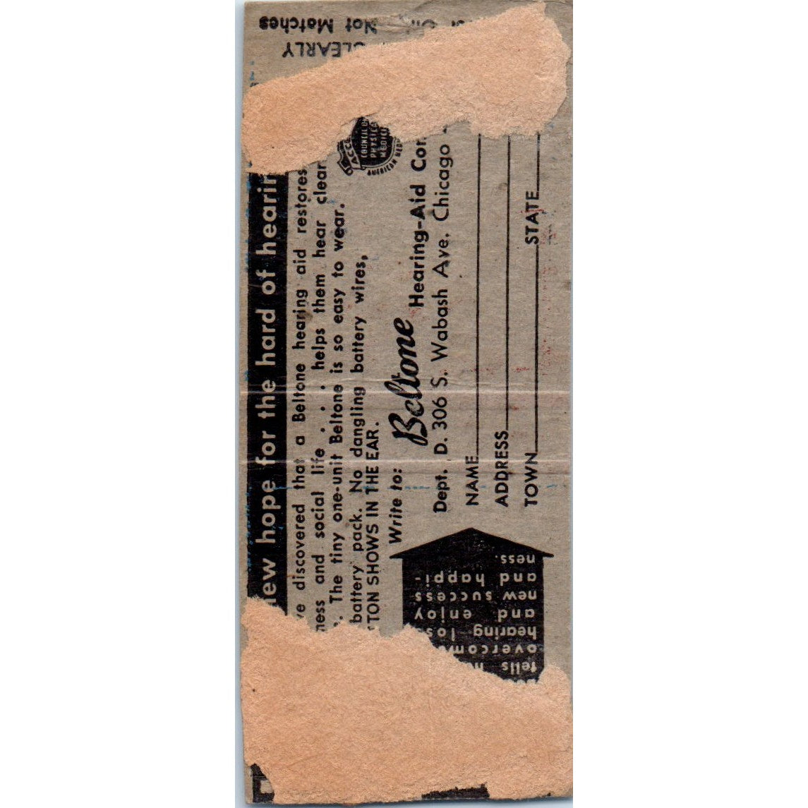 Beltone Phantomode Hearing Loss Treatment Advertising Matchbook Cover MM9-5