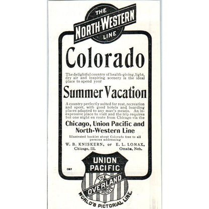 Union Pacific Railroad Northwestern Line Colorado Vacations - 1903 Ad TJ7-L