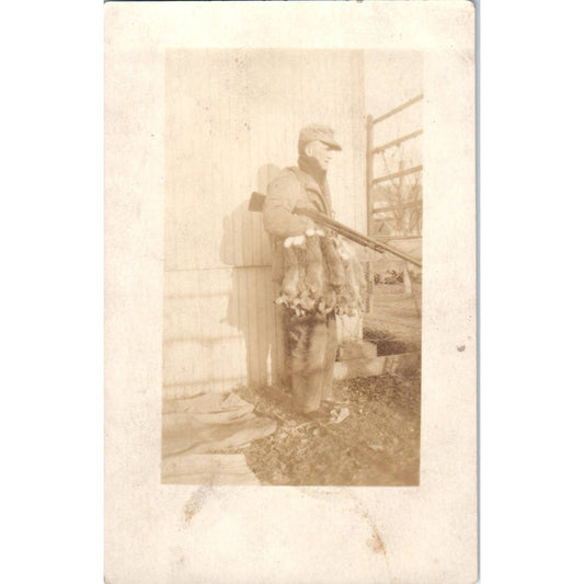 Antique RPPC Postcard Hunter Posing With Rifle and Fresh Caught Rabbits SE8