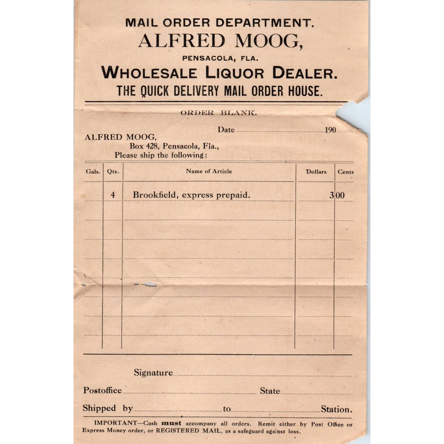 c1900 Letterhead Billhead Alfred Moog Wholesale Liquor Pensacola FL AD6